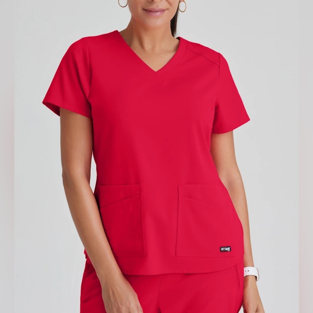NWT Grey’s Anatomy 4 Pocket Scarlet Red V Neck SZS Scrubs
